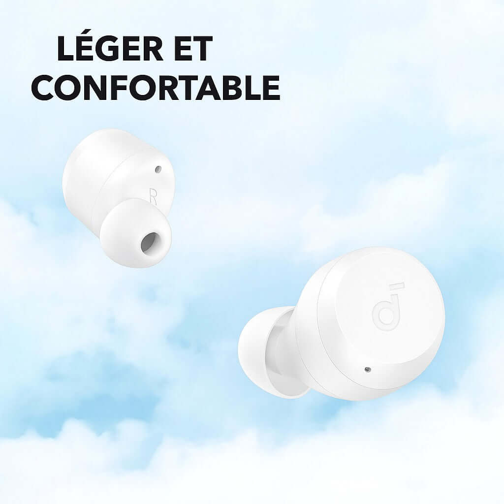 Écouteurs Bluetooth Anker A20i légers et confortables sur fond bleu, idéaux pour la musique et les appels.