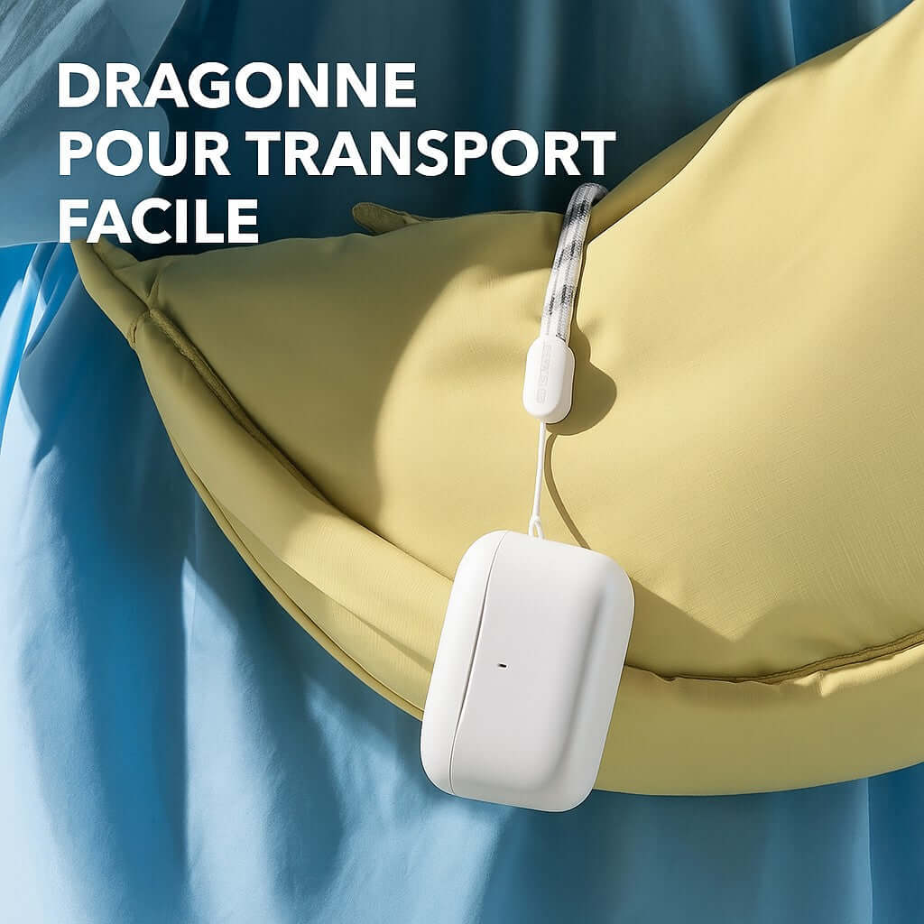 Écouteurs Bluetooth Anker A20i avec dragonne pour transport facile, sur un coussin coloré.