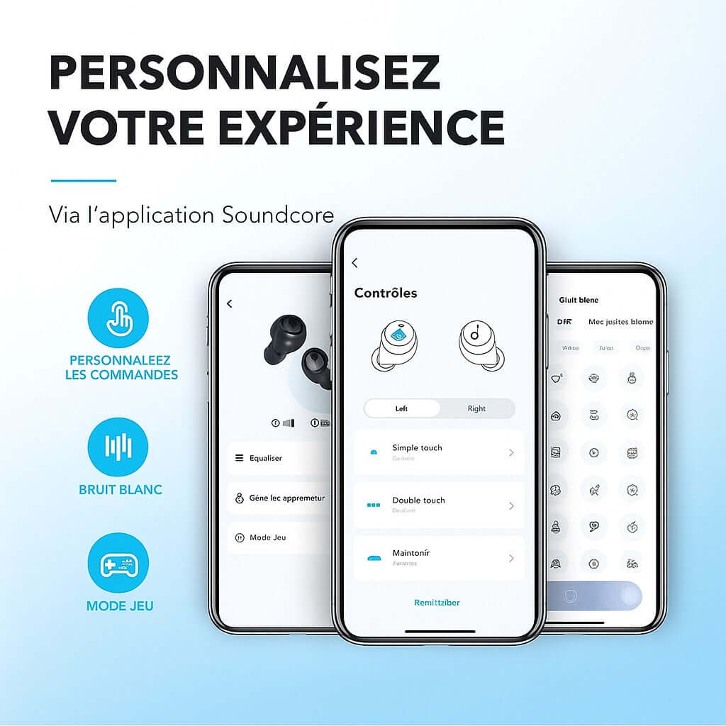 Interface de l'application Soundcore pour personnaliser les commandes des écouteurs Anker A20i.