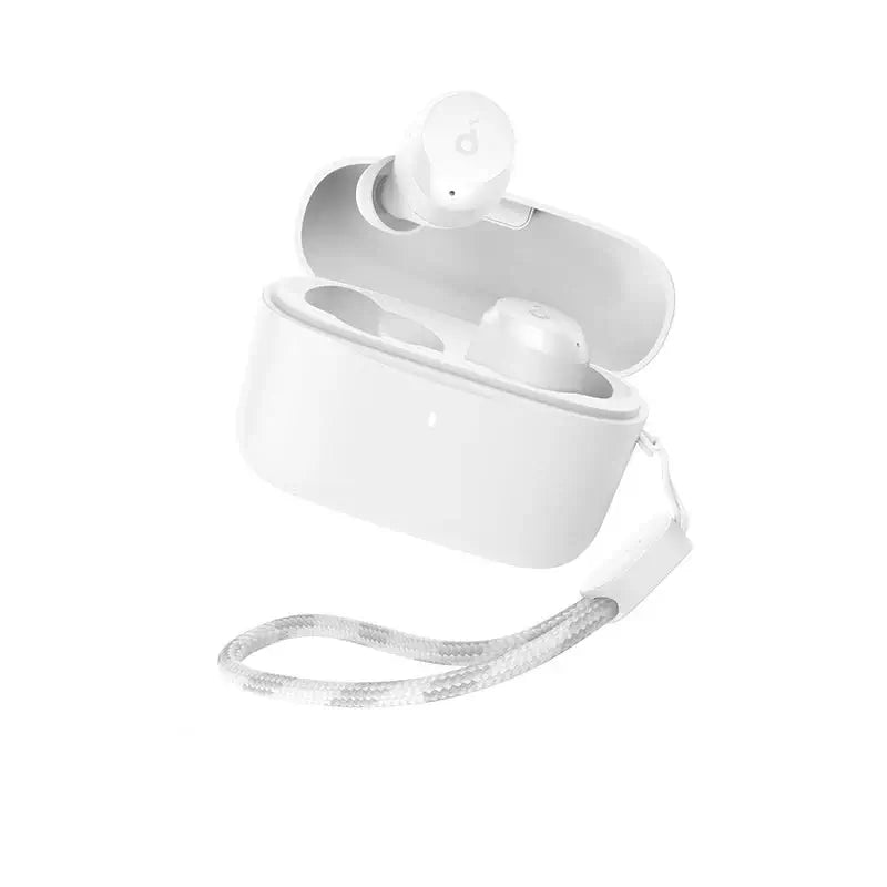 Écouteurs Bluetooth Anker A20i blancs dans leur boîtier de chargement avec bracelet.
