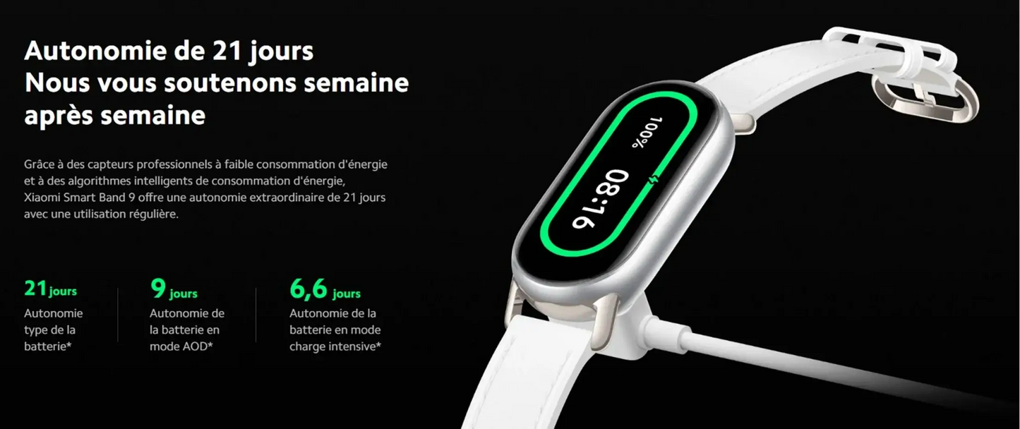 Montre Xiaomi Smart Band 9 affichant des statistiques d'autonomie et de performance, sur fond noir.