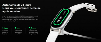 Montre Xiaomi Smart Band 9 affichant des statistiques d'autonomie et de performance, sur fond noir.