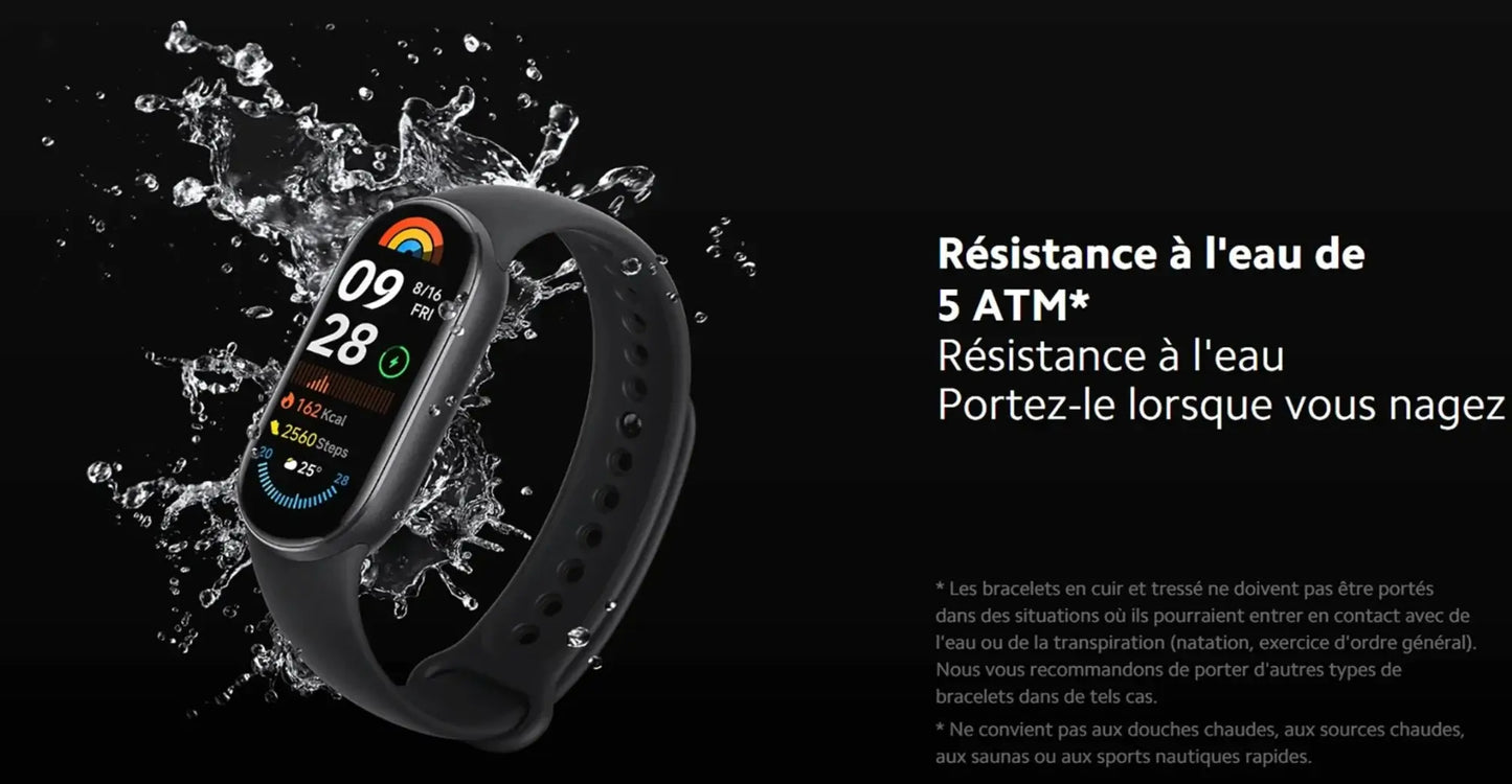 Montre Xiaomi Smart Band 9 avec résistance à l'eau de 5 ATM, idéale pour les nageurs.