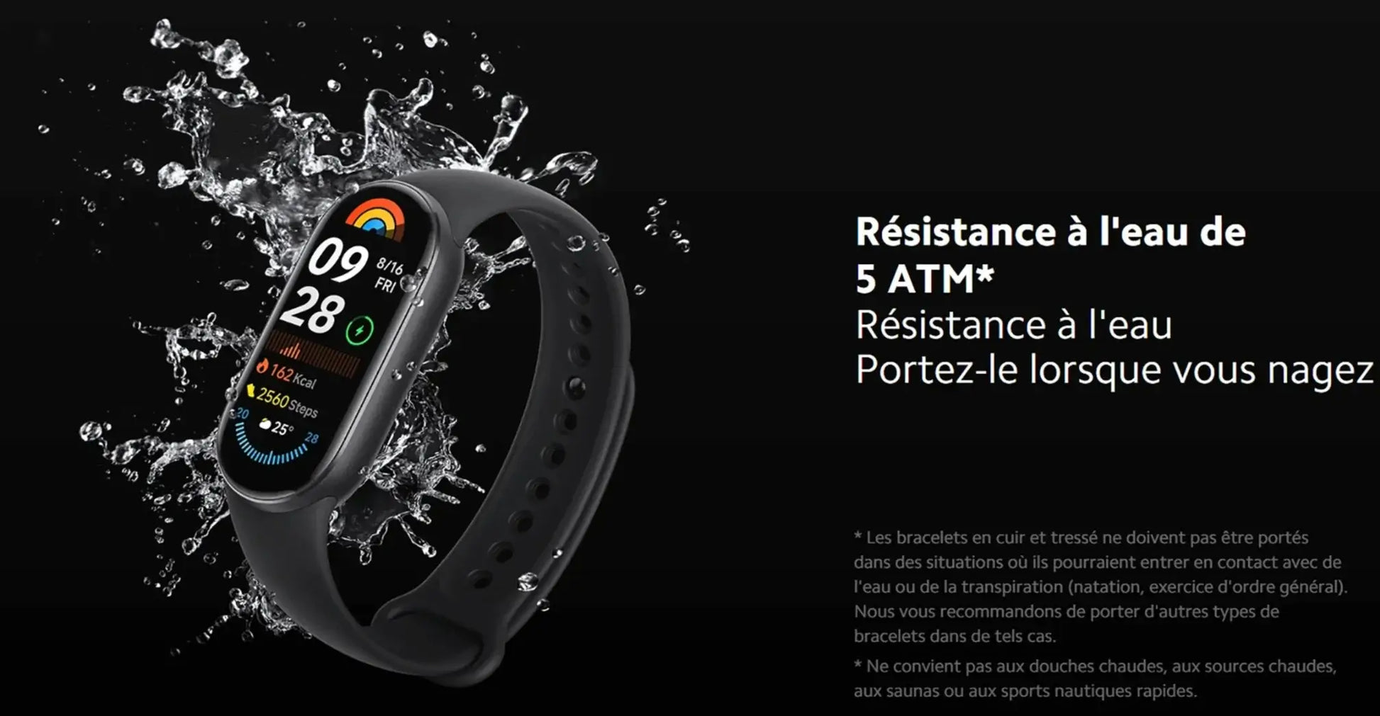 Montre Xiaomi Smart Band 9 avec résistance à l'eau de 5 ATM, idéale pour les nageurs.