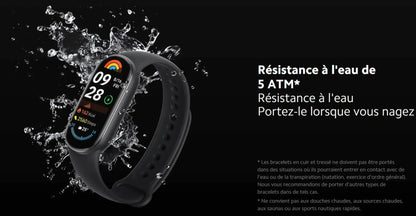 Montre Xiaomi Smart Band 9 avec résistance à l'eau de 5 ATM, idéale pour les nageurs.