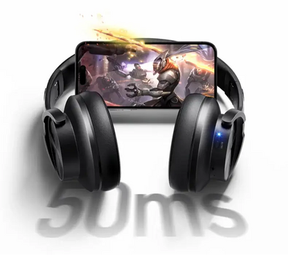 Casque Bluetooth Picun B8 avec smartphone affichant un jeu, idéal pour gaming et musique.