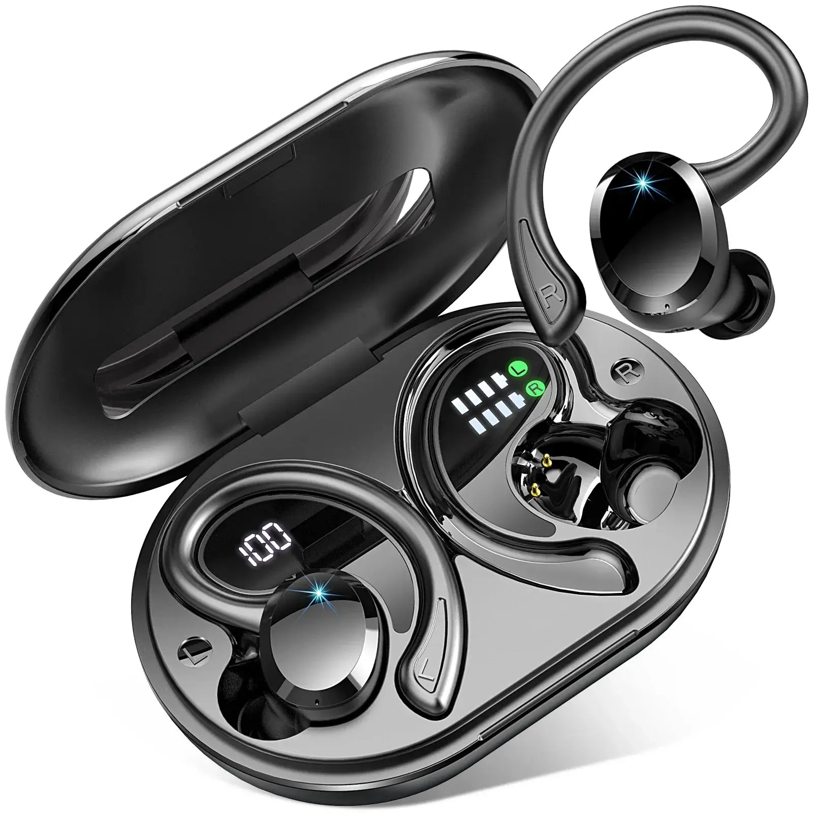 Vue des Écouteurs Drsaec Bluetooth dans le boitier de chargement