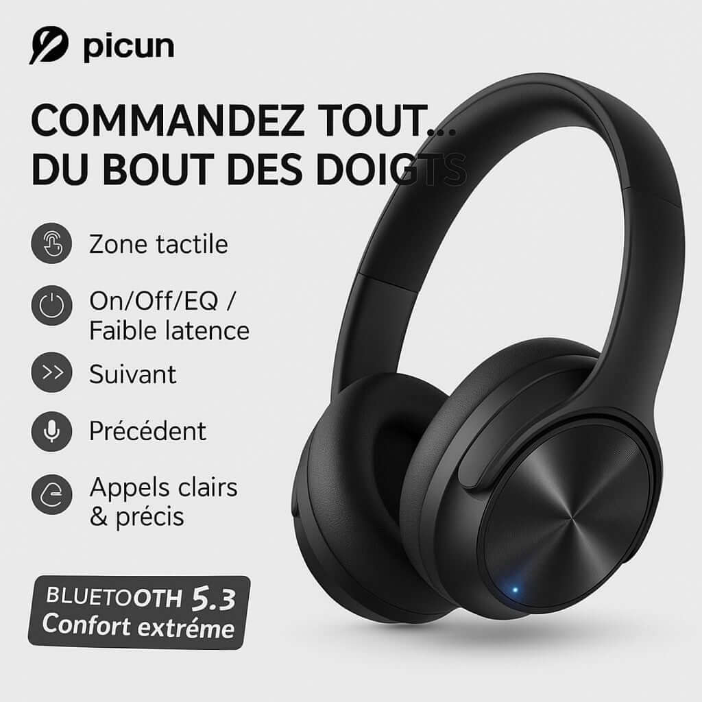 Casque bluetooth Picun B8 avec commandes tactiles et Bluetooth 5.3 pour un confort extrême.